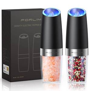 lot 14471 image: FORLIM Gravity Electric Salt and Pepper Grinder Set, Automatic Pepper Grinder Shakers Mill, Upgraded Batteries Powered Adjustable Coarseness with LED, One Hand Operation Perfect for Kitchen(Black)