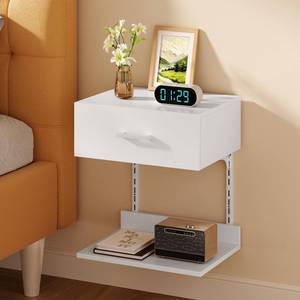 lot 3186 image: Asgolion Floating Nightstand with Drawer, Modern Wall Mounted Nightstand, Floating Bedside End Table with Adjustable Shelf, Floating Night Stand, for Bedroom, Small Spaces, Bathroom, White