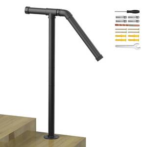 lot 3189 image: Single Post Handrail Stair Railings for Outdoor Steps Fit 1-2 Steps Outdoor Wrought Iron Handrails with Base Transitional Porch Railing for Concrete Steps or Wooden Stairs, Black