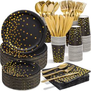 lot 3191 image: 2026 New Years Decorations, 350PCS Black and Gold Party Supplies Disposable Dinnerware Set wBlack Gold Dot Paper Plates Napkins Cups Gold Plastic Fork Knives Spoon for Women Men Birthday Anniversary