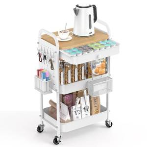 lot 3196 image: ALVOROG Rolling Cart with Drawer and Wood Table Top, 3 Tier Metal Rolling Utility Cart on Wheels with DIY Pegboards, Hanging Baskets, Hooks for Kitchen, Bedroom, Office, Craft Supplies