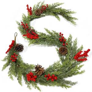 lot 3207 image: 6 Ft Christmas Garland - Real Touch Cedar Garland with Red Berry Clusters Pinecones by 90 Cedar Branches, Realistic Greenery Faux,Christmas Garlands for Mantle Fireplace Table Centerpiece Decor