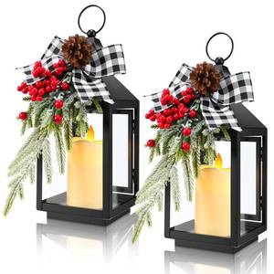 lot 3212 image: 2 Pcs 14 Inch Christmas Lanterns Decorative Outdoor for Porch with LED Candle Pine Cones Holly Berry Metal Hanging Vintage Lantern with Plaid Ribbon Bow for Indoor Home Table Deco(White Plaid)