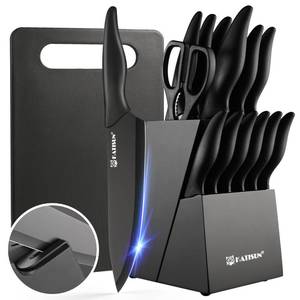 lot 3213 image: KATISUN 16 Pieces Kitchen Knife Block Set with Cutting Board, German Stainless Steel Knife Set with Sharpener, Dishwasher Safe, Anti-Slip Handle, 6 Steak Knives, Black