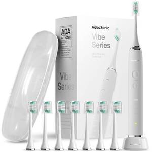 lot 4113 image: Aquasonic Vibe Series Ultra-Whitening Toothbrush � ADA Accepted Electric Toothbrush - 8 Brush Heads and Travel Case � 40,000 VPM Motor and Wireless Charging - 4 Modes w Smart Timer � Optic White
