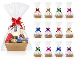 lot 4124 image: Canlierr 50 Pcs Empty Gift Basket Set 12 Pcs Basket for Gifts Empty Kraft Market Tray with Handles, 18 Bags, and 20 Multicolor Bows for Christmas Wedding Birthday(10 x 7 x 3 Inches)
