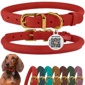 lot 4133 image: BronzeDog Rolled Leather Dog Collar with QR ID Tag, Adjustable Soft Round Collars for Small Medium Large Dogs Puppy (7 - 10in Neck Size, Classic Red)in