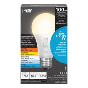 lot 4134 image: Feit Electric LED Motion Sensor Light Bulb, A21 100W Equivalent, 5CCT, Non-Dimmable, E26 Medium Base, 90 CRI, 1500 Lumens, Adjustable White, 15 Years Lifetime, OM1005CCTCAMMLEDI