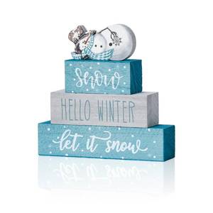 lot 4174 image: Smile 4 Pcs Christmas Signs, Wooden Tabletop Decor, Let It Snow Hello Winter, Ornaments for Home Shelf Mantel Fireplace.