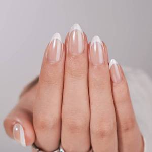 lot 4198 image: French Tip Press On Nails - BTArtbox White Almond Medium Reusable Stick On Nails in 15 Sizes - 30 Soft Gel Fake Nail Kit for Women Gift, Classic