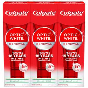 lot 4217 image: Colgate Optic White Renewal Teeth Whitening Toothpaste, Whitening Fluoride Toothpaste, Effectively Removes Tea, Coffee, and Wine Stains, Made with Hydrogen Peroxide, Brilliant Shine, 3 Pack, 3.0 oz