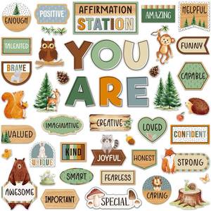 lot 4222 image: Weekgrat 45pcs Woodland Bulletin Board Set Motivational Posters Classroom Mirror Growth Mindset Decor Positive Affirmations Accents Cutouts for School Office Home Teacher Wall
