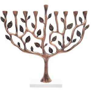 lot 4225 image: The Dreidel Company Large Copper Hanukkah Menorah Tree of Life with Stone Base 11 Inches Long