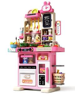 lot 5800 image: 33.8IN - 70PCS Kids Kitchen Playset with Sound and Light - Cooking Stove with Steam, Play Sink and Toy Kitchen Accessories - Pretend Kitchen Play Food Toys for Kids Boys Girls - Toddler Play Kitchen Set