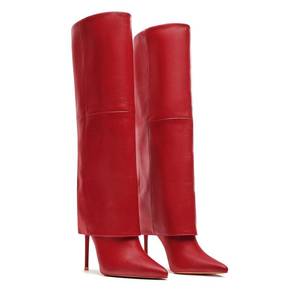 lot 5818 image: femflame Fold Over Boots For Women Fur Wide Calf Boots For Women Stiletto Heel Furry Side Zipper Pointed Toe Party Evening Tall Red Boot size 6 used