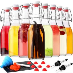 lot 5841 image: 8-Pack 8.5oz Flip Top Glass Bottles, Swing Top Beer Brewing Bottle for Fermentation, Kombucha, Kefir, Vanilla Extract, Coquito, Juice, Soda, Tea - Airtight Stopper Cap Lid, Bonus 2 Bottle Pourers