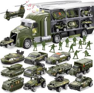 lot 5866 image: JOYIN 25 in 1 Military Kids Truck Toys for Age 3, Toddler Boy Toys, Army Men Tanks Set with Soldier Men, Mini Battle Cars in Carrier Truck with Lights and Sounds, Gifts for Grandkids, Easter Basket