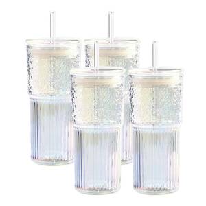 lot 5877 image: MINGHYZYA Rainbow 20 OZ Glass Cups With Lids and Straws, 4 Set Glass Tumbler Cup with Leakage Lid, Glass Iced Coffee Cups for Drinking Juice Smoothie Matcha, Suit for Car Cup Holder