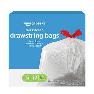 lot 5886 image: Amazon Basics Flextra Tall Kitchen Drawstring Trash Bags, Fresh Scent, 13 Gallon, 90 Count Bags Labeled As Defective