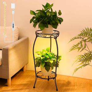 lot 5887 image: Dunkive Plant Stand indoor Outdoor 2 Tier 27 with Grow Light, Tall Metal Potted Holder Rack Flower Stand Rustproof Iron Heavy Duty Round Plant Shelf for Planter Corner Home Garden Balcony Patioin