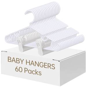 lot 5914 image: Nursery Baby Hangers with Clips, 20 Newborn Kids Plastic Clothes Hangers for Toddler Pants � with 40 Clips for Childrenfts Clothes Packs(White,60 Packs)