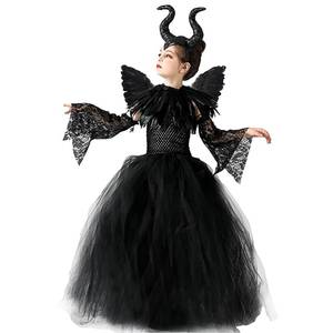 lot 5918 image: MAXHJX Halloween Maleficent Costume for Girls Evil Queen Dress Up Costumes Witch Devil Handmade Knitted Tulle Dress Cosplay Black (black, M)