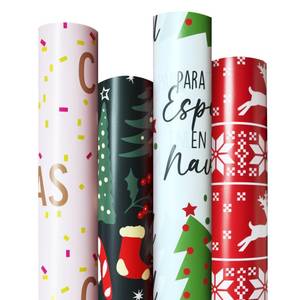 lot 5920 image: 4 Rolls Christmas Wrapping Paper Rolls, 17 Inch x 16.5 Feet per Roll, Totaling 94 sq. ft. � Reindeer, Tree, Snowflake and Pink Letter Designs, Eco-Friendly and Durable Gift Wrap for Christmas Presents and Holiday Decorations