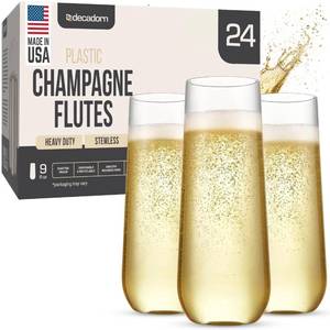 lot 5922 image: DECADORN Clear Stemless Champagne Flutes Plastic 24 Pack - 9oz Plastic Champagne Glasses - Durable and Sturdy Mimosa Glasses For Parties - Shatterproof, Recyclable, BPA-Free, Smooth Rims.