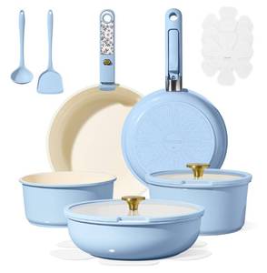 lot 5934 image: CAROTE 15Pcs Ceramic Cookware Set, Pots and Pans Set Non Stick, Kitchen Cooking Set with Detachable Handle, Non Toxic Induction Cookware, DishwasherOven Safe