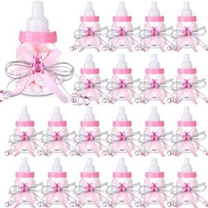 lot 5937 image: A80 Pcs 3.5 Inch Baby Mini Milk Bottle Baby Shower Favor with Small Plastic Bear Candy Bottle with Ribbon for Boy Girl Newborn Baptism Party Decor (Pink)