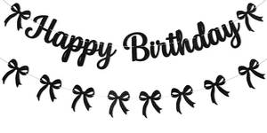 lot 6201 image: Black Bow Birthday Party Decorations - Happy Birthday Banner and Black Bow Bunting Garland, GirlsBoys Coquette Bday Party Decorations Black Glitter