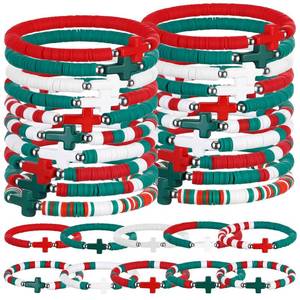 lot 6203 image: Landical 30 3050 Pcs Cross Bracelets Bulk Jesus Bracelets Handmade Elastic Colorful Polymer Clay Bead Religious Wristbands Christian Wristband for Women Kid Easter Valentine Gifts (Xmas Color)