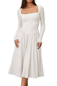 lot 6210 image: CHYRII Womens White Dress Spring Fashion 2025 Square Neck Long Sleeve Casual A-Line Midi Dress S