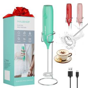 lot 6227 image: HAUSHOF Powerful Rechargeable Milk Frother Wand with Stand, Handheld Electric Foam Maker, Drink Mixer with Detachable Stainless Steel Whisk for Coffee Latte, Cappuccino, Matcha, Green