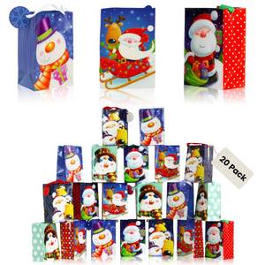 lot 6233 image: Iconikal 20-Pack Christmas Gift Bags, Small 4x6x2.5-Inch, Snowman Santa Reindeer, Ribbon Handles