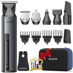 lot 6241 image: GLAKER Beard Trimmer for Men,Cordless Hair Trimmer,Electric Razor with Interchangeable Magnetic Attachments for Hair Body Facial Trimming,6 in 1 Men Gromming Kit with Storage Bag and Beard Bib Apron