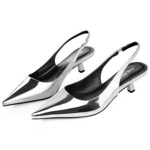lot 6249 image: JENN ARDOR Silver Kitten Heels for Women Pinted Toe Kitten Slingback Dressy Low Heeled Sandals Fashion Casual Dress Shoes Size 6.5