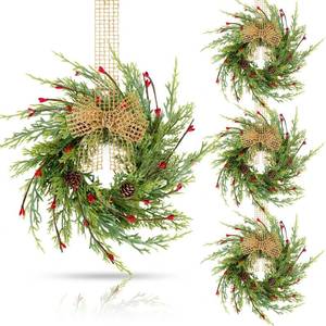 lot 6257 image: 4 Pcs 9 Inch Christmas Wreaths for Kitchen Cabinet Artificial Cedar Pine Hanging Wreath with Red Berries Pine Needles for Front Door Xmas Swag Wreaths for Christmas Winter Farmhouse Home Decorations