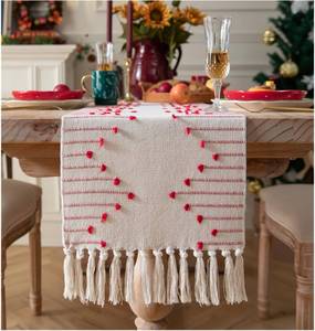 lot 6301 image: Christmas Table Runner 13 x 108 Inch Long Natural Cotton Woven Runner with Tassels for Home Dining Christmas Decorations, for Modern Farmhouse Holiday Boho Table Runner, Red and Beige