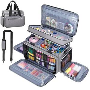 lot 6317 image: Anitor Large Sewing Supplies Organizer, Double Layer Sewing Storage Organizer with Two Detachable Dividers, Travel Sewing Bag Organizer with Shoulder Strap for Accessories, Gray, (Bag Only)