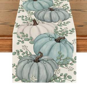 lot 6320 image: Artoid Mode Pumpkins Eucalyptus Leaves Fall Table Runner, Autumn Thanksgiving Kitchen Dining Table Decoration for Home Party Decor 13x90 Inch