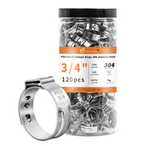 lot 6340 image: WYSIWYKA 120pcs 34 inch PEX Cinch Clamps Rings, 304 Stainless Steel Single Ear Hose Clamps, Heavy Duty Pex Crimp Rings for PEX Tubing Pipe Fitting Connections