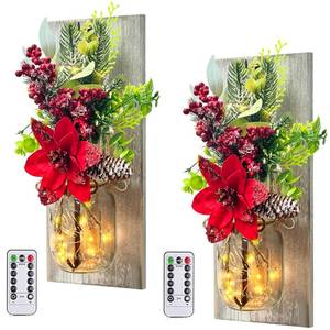 lot 7618 image: Mason Jars Sconce Decor Rustic Wall Sconces Handmade Wall Art Hanging Design with Remote Control LED Fairy Lights and Red Berry, Xmas Farmhouse Wall Home Decor Living Room Lights Set of Two