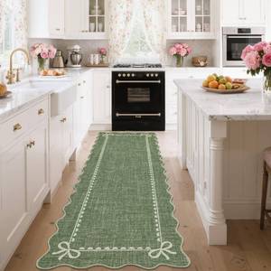lot 7620 image: GarveeHome Scalloped Bow Rug for Living Room, Solid Green Rug for Dorm, Washable Runner Rug 2.5x8 Soft Low Pile Non Slip Scalloped Rugs for Nursery Bedroom Decor Hallway Entryway Playroom
