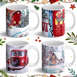 lot 7621 image: Nitial 4 Pcs Christmas Coffee Mug Sets 12oz Farmhouse Christmas Cups Bulk Gift for Women Men Decoration for Kitchen Office Home(Truck)