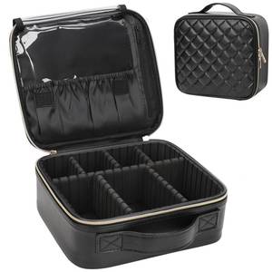lot 7622 image: Relavel Makeup Bag, Travel Cosmetic Train Case Organizer Portable Artist Storage Bag with Adjustable Dividers for Cosmetics Makeup Brushes Toiletry Jewelry Digital Accessories Quilted Leather Black