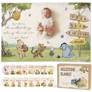 lot 7638 image: Classic Winnie Bear Baby Monthly Milestone Blanket, Neutral Vintage Bear Quotes Soft Flannel Milestone Blanket with Gift Box Holiday Signs Felt Marker for Winnie Nursery Decor Baby Stuff 60 x 40Inch