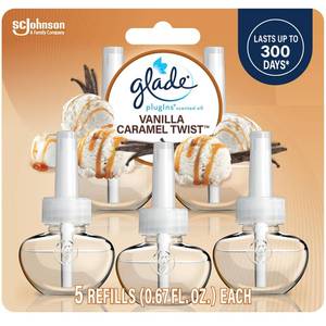 lot 8085 image: Glade PlugIns Refills Air Freshener, Scented and Essential Oils for Home and Bathroom, Vanilla Caramel Twist, 3.35 Fl Oz, 5 Count (Missing)