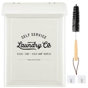 lot 9031 image: MONJITA Magnetic Lint Bin for Laundry Room, Metal Trash Can with Lid for Dryer, Farmhouse Lint Holder, Laundry Co Sign, Laundry Room Storage Decor with Dryer Lint Brush(White)