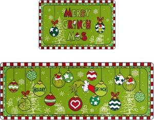 lot 9040 image: Merry Christmas Kitchen Mat 2-Piece Set, Winter Home Christmas Decoration Kitchen Carpet Anti Slip and Washable, Suitable for All Kitchen Floors -16x47 and 16x24 inches (Green)